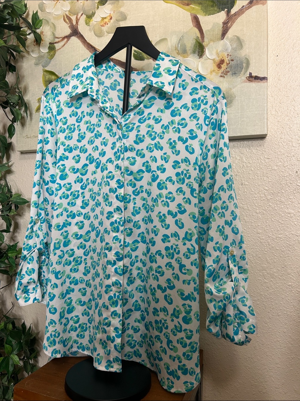 Ann Taylor Teal and White Animal-Print Button Blouse